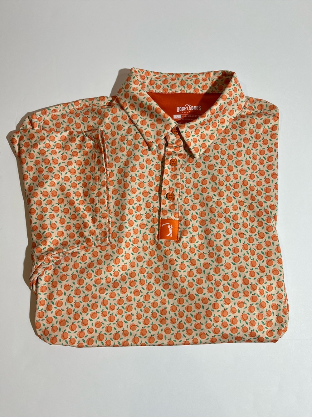 Bogey Bros Size Large Orange Peach Print Polo Tee Shirt Golf Funny